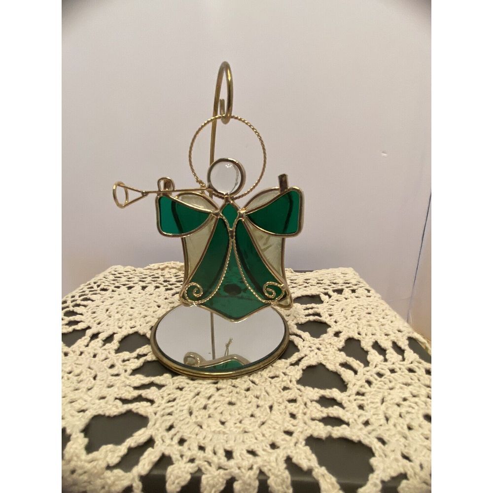 VTG Green Stained Glass Angel Ornament Sun Catcher Gold Metal Trim 5"  Sturdy‎